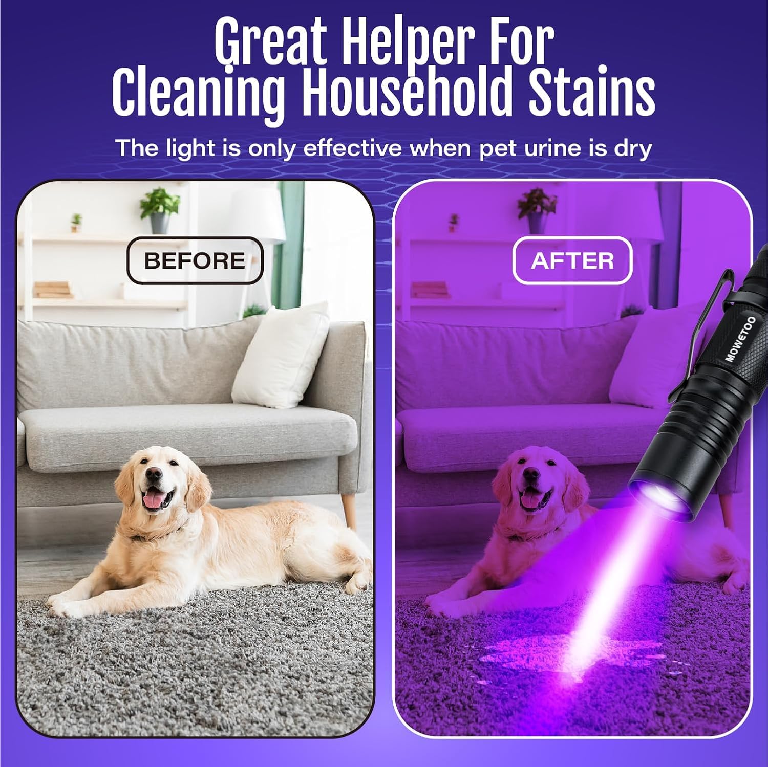 MOWETOO UV Torch Rechargeable - Mini LED UV Lamp Black Light Flashlight, 395nm Zoomable Ultraviolet Light Torch for Pet Urine Testing, Banknote Inspection - 4