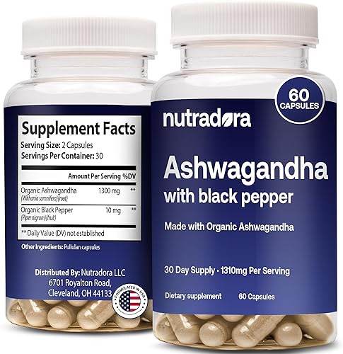 Nutradora Ashwagandha Cápsulas con pimienta negra  Suplementos orgánicos de Ashwagandha para el estrés, absorción mejorada, apoyo inmunológico y