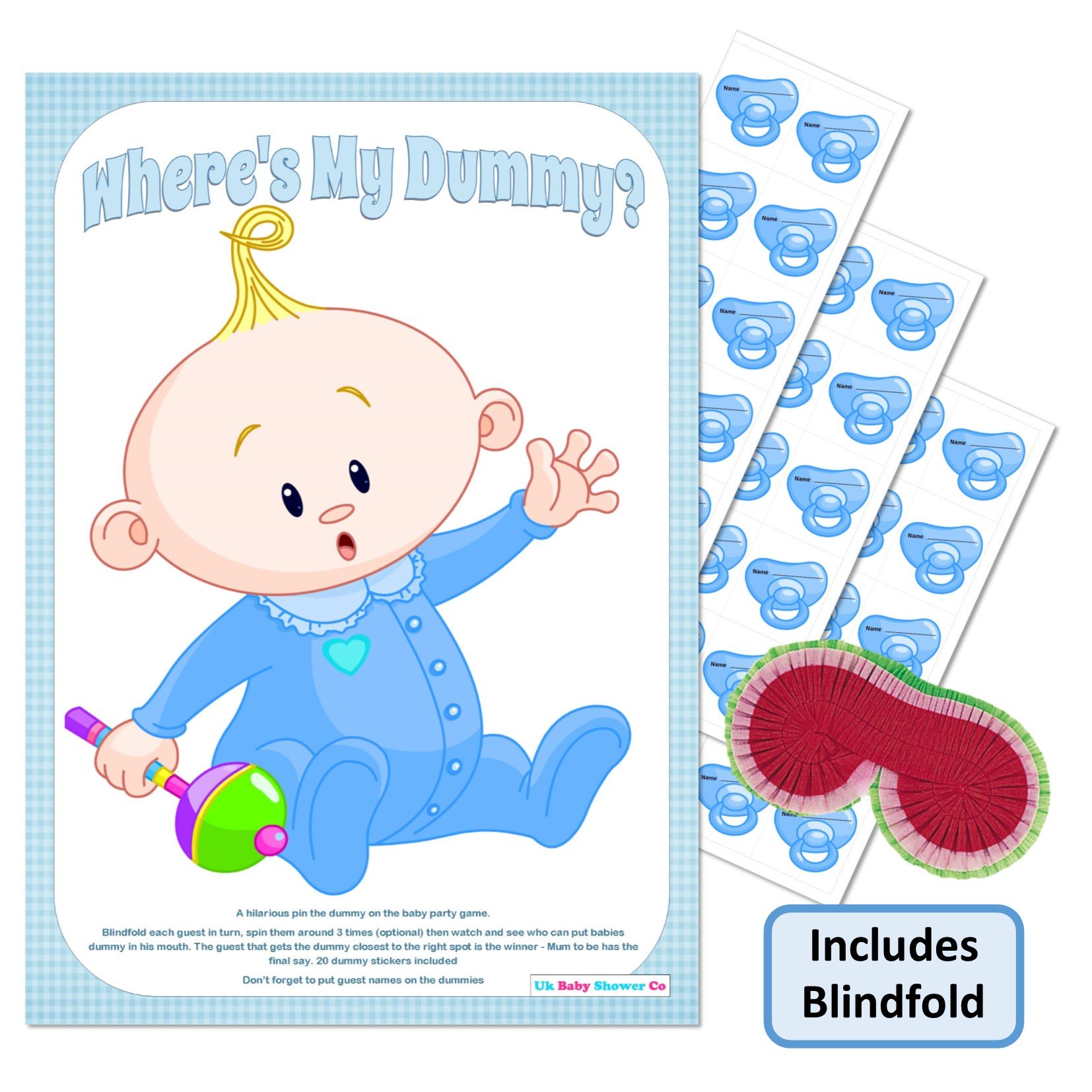 Uk Baby Shower Co Ltd - Pin the Dummy Baby Shower Game (30 Guest WITH Blindfold, BLUE)