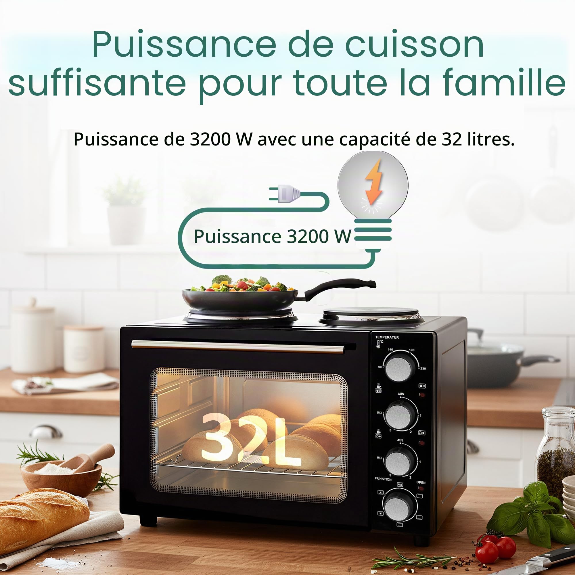 EMERIO MO-125236.4 Four de 32 litres + 2 plaques de cuisson | Chaleur tournante + chaleur de voûte et de sole | Minuterie + régulateur de température | Plaque de cuisson et grille de cuisson | Four de
