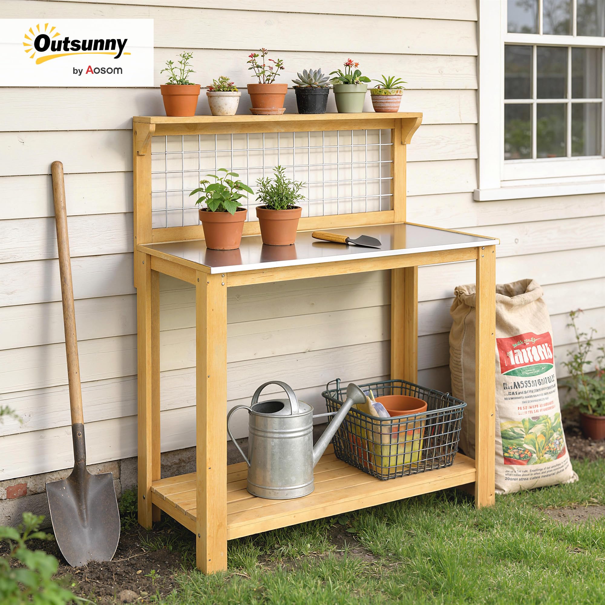 Outsunny Mesa Trabajo Madera macetas 100x48x119cm Amarillo | Superficie aluminio, Banco jardín exterior, Diseño rejilla, 2 estantes, bricolaje, Estación plantación, patio, jardín