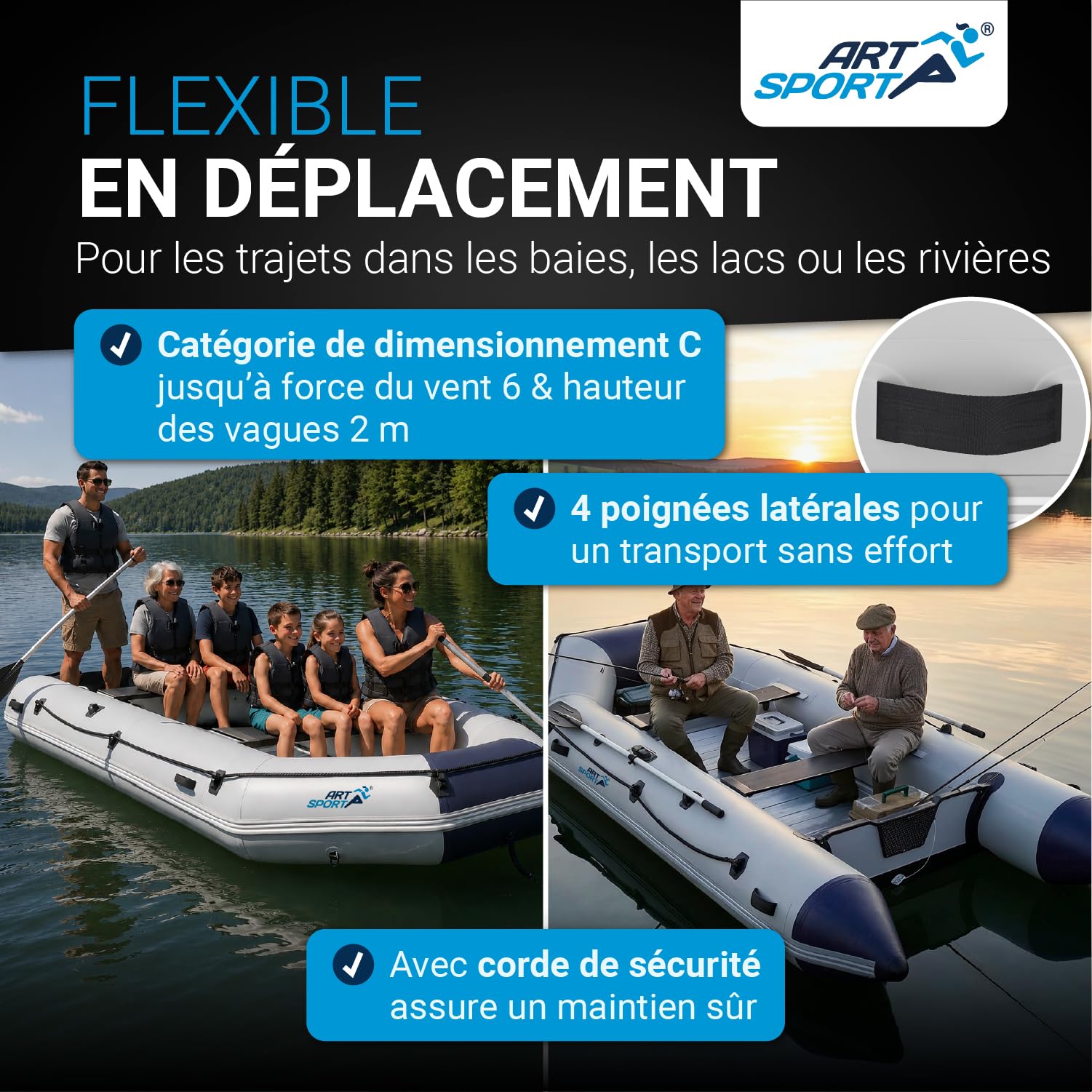 ArtSport Bateau Paddel Boot Gris avec Alu Sol – 3,80 m