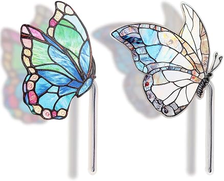2PCS Glass Butterfly Monarch Suncatcher for Pot Plant Decoration, Acrylic Butterfly Garden Stake Decor Butterflies Catcher for Indoor Outdoor Patio Plant Pot Yard Art Decor