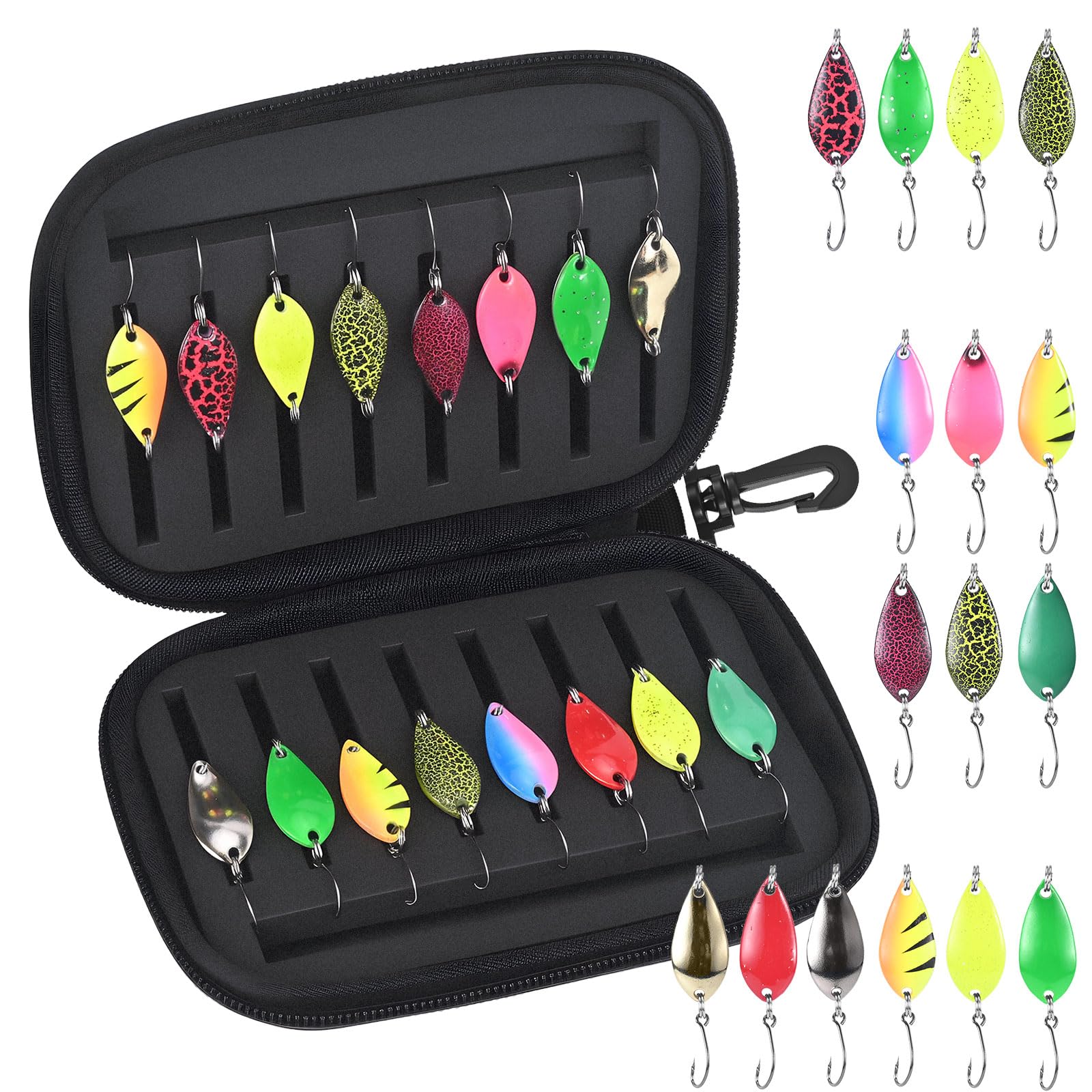 MumdoYAL 16 Pezzi Esche Artificiali Spinning, 2.5g/3.5g/5g Spoon Trout Area, Pesca Spinning Con Scatola Portaoggetti, Adatto per zanders, trota e altre specie