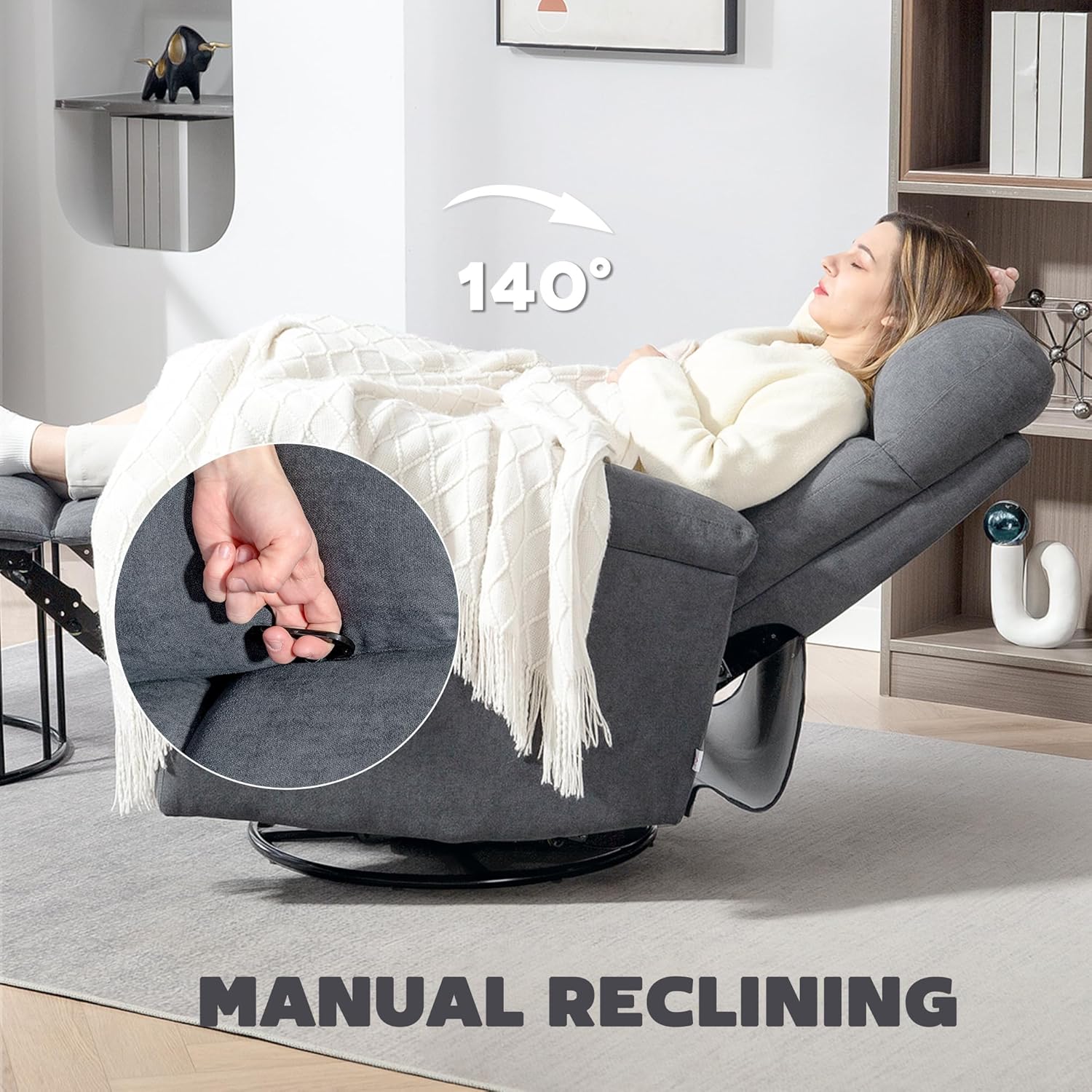 HOMCOM Swivel Rocker Recliner Chair, Wide Glider Rocking Single Sofa with Pocket Spring, Footrest, Modern Fabric Overstuffed Reclining Chair for Living Room, Bedroom, Quick Assembly, Gray