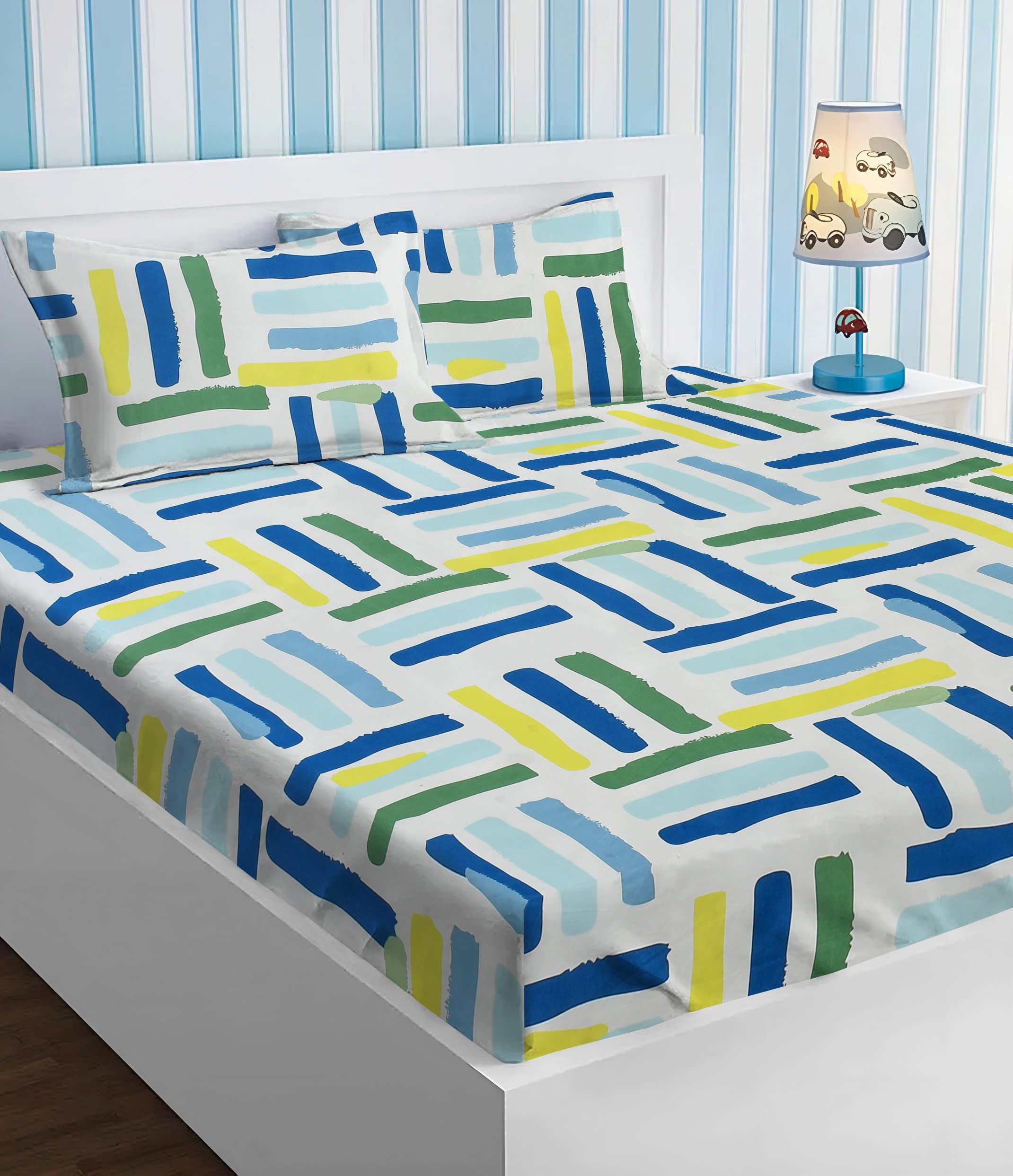 BSB HOME Prime Collections 100% Cotton Feel Double/Queen Size Bedsheets with 2 Pillow Covers Cotton, 180tc Bold Striped Yellow and Blue Bedsheets for Double Bed Cotton (7ft X 7.5ft) (B0BSS3GFFT) Amazon Price History, Amazon Price Tracker