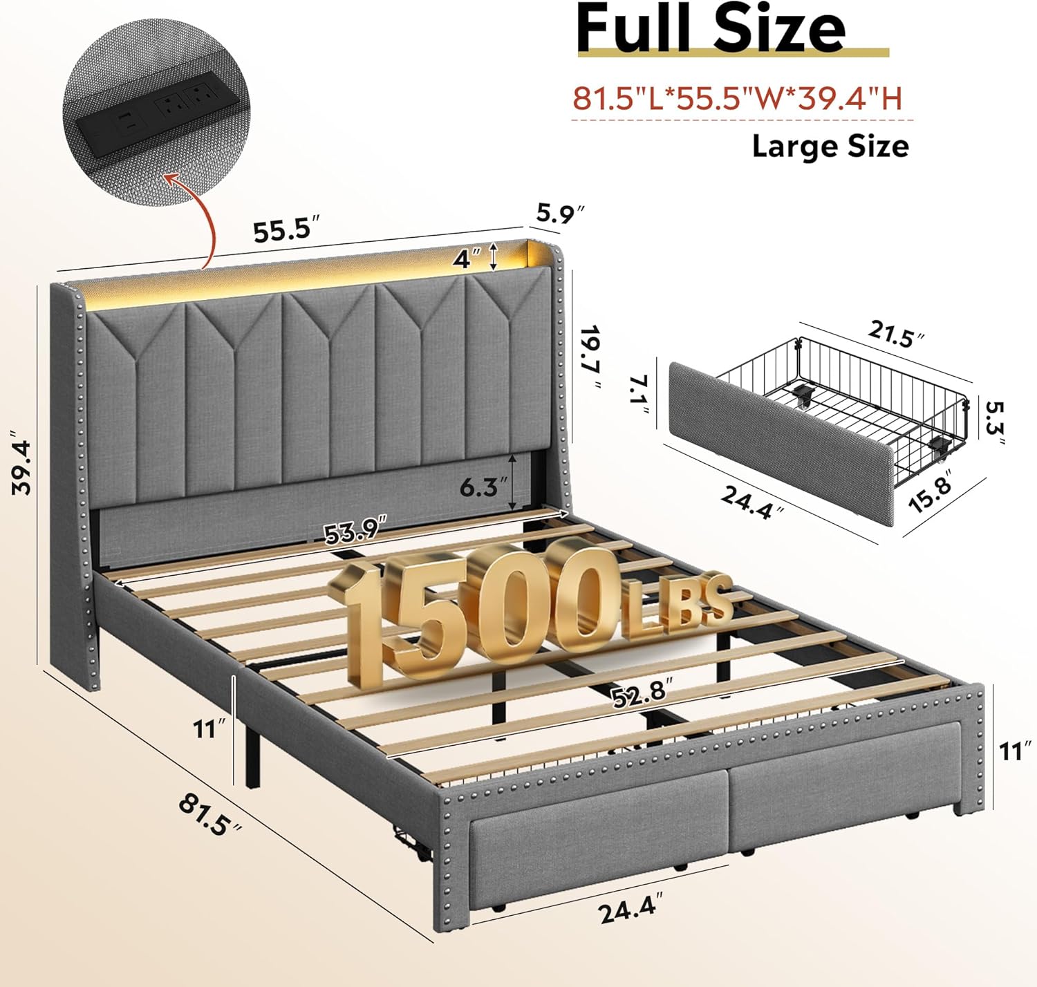 WLIVE Full Size Upholstered Bed Frame with 2 Drawers, Storage Headboard Platform Bed with Charging Station and LED Light, Sturdy Metal & Wooden Slats Support, No Box Spring Needed, Light Grey