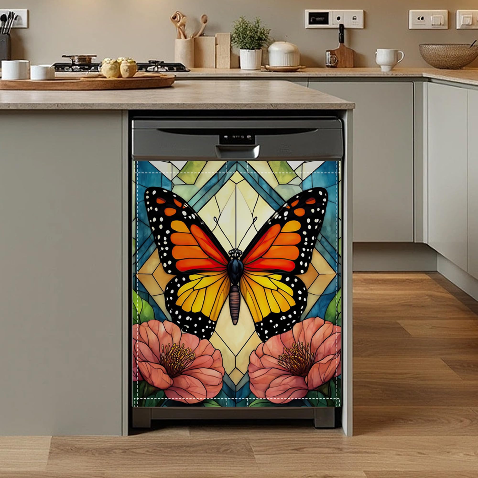 Abstract Butterfly Flower Dishwasher Magnet Cover,Front Dishwasher Cover Decoration Reusable Decorative Magnetic Cover for Home Kitcen Appliance 23x26 Inch