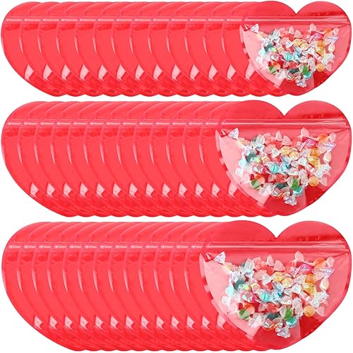 Yexiya 50 bolsas de regalo de San Valentín, bolsas de regalo en forma de corazón, de plástico, para golosinas, contenedores resellables de embalaje