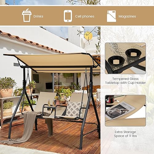 Miniatura 3 de Tangkula Columpio de porche para 2 personas, columpio al aire libre con mesa de vidrio templado, 2 portavasos, columpio de patio con toldo ajustable