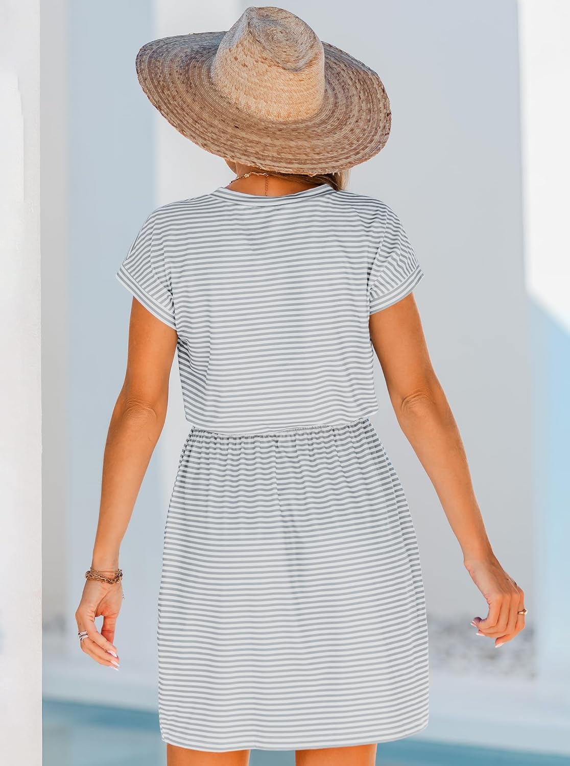 Summer Dresses for Women Casual Short Sleeve Drawstring Waist Striped Dress Beach Mini T-Shirt Dress with Pockets - Image 5