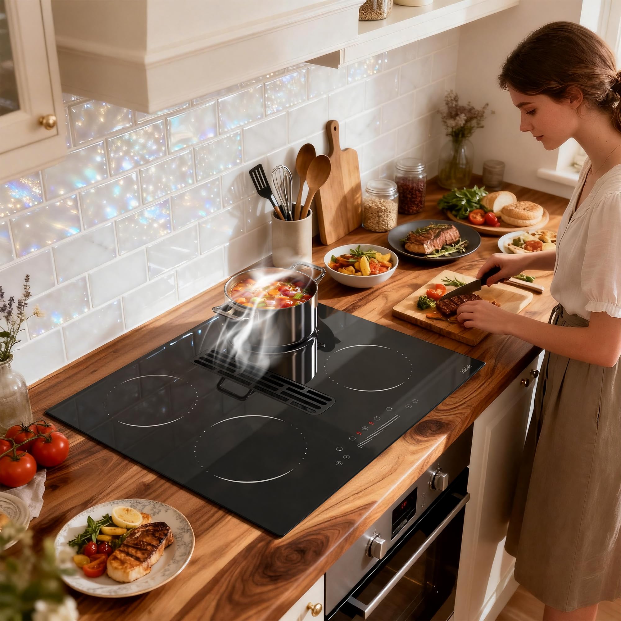 Hobsir Placa de Inducción con Extractor Integrado 60 cm, 4 Zonas, 6400W | 9 Niveles de Potencia, Bloqueo Infantil, Función Boost, Recirculación con Filtro Carbón– Sin Manguera de Salida de Aire