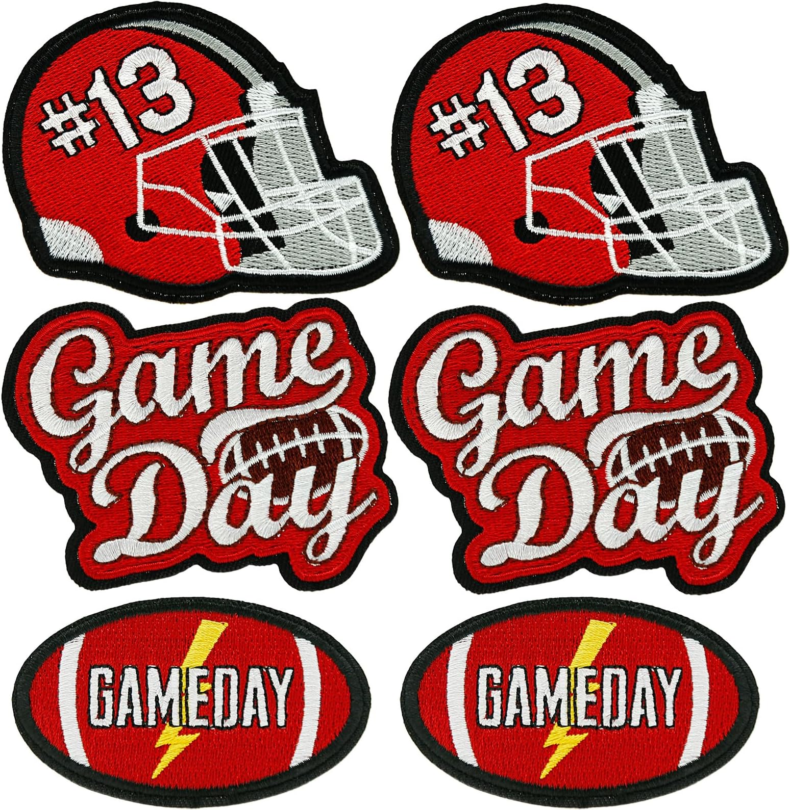 6 Pcs Game Day Patch, Football Helmet Game Day Iron on Patches, Embroidered Aesthetic Sew on Appliques for Clothes Backpacks Jeans Jackets Hats Bag Decor(Red White)