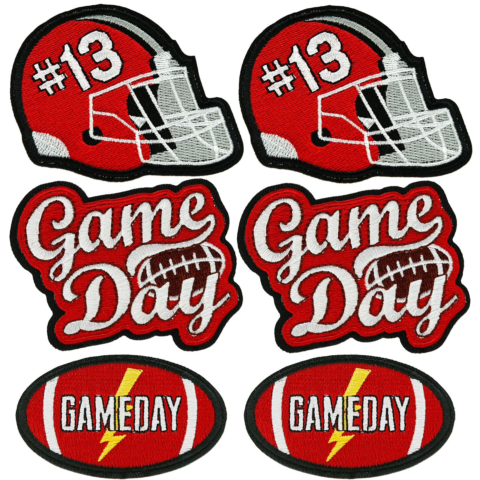 6 Pcs Game Day Patch, Football Helmet Game Day Iron on Patches, Embroidered Aesthetic Sew on Appliques for Clothes Backpacks Jeans Jackets Hats Bag Decor(Red White)