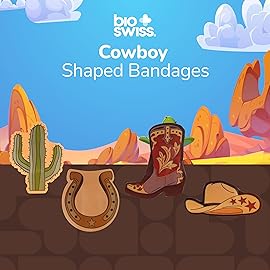 BioSwiss Bandages, Cowboy Shaped Self Adhesive Bandage Set, Latex Free, Sterile Wound Care, 50 Count
