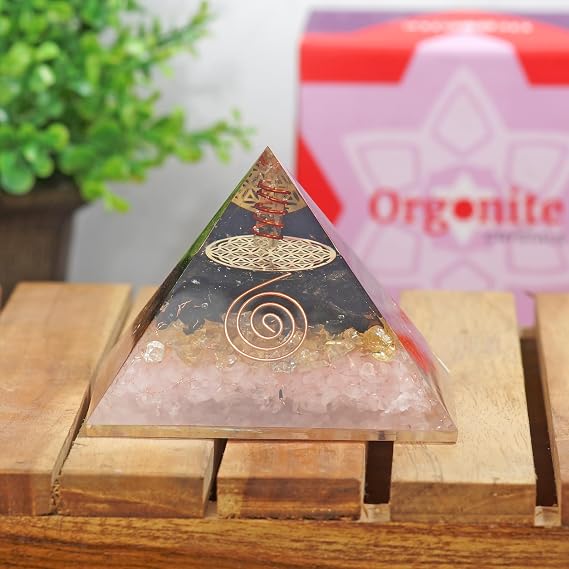 Orgonite Crystal Orgone Pyramid for Triple Health Protection with Black Tourmaline, Citrine and Rose Quartz Positive Energy Generator for Healing, Wealth and Prosperity