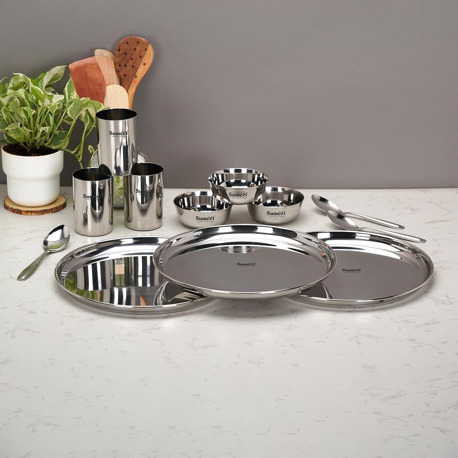 Sumeet Stainless Steel Heavy Gauge Mirror Finish Dinner Solid Set of 12 Pcs (3 Plate, 3 Bowl/Wati, 3 Glass, 3 Spoon), Silver