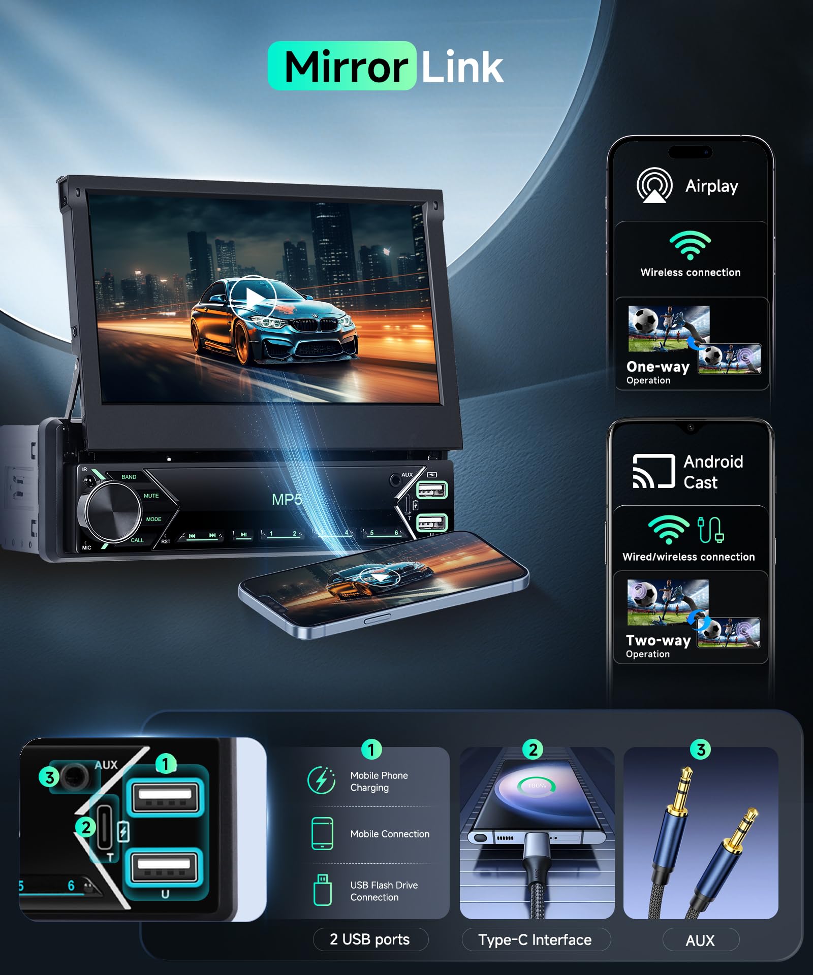 Autoradio 1 DIN DAB Wireless CarPlay Android Auto, schermo retrattile da 7 pollici, radio Bluetooth, controllo del volante/collegamento specchio/EQ/USB -C+telecamera posteriore