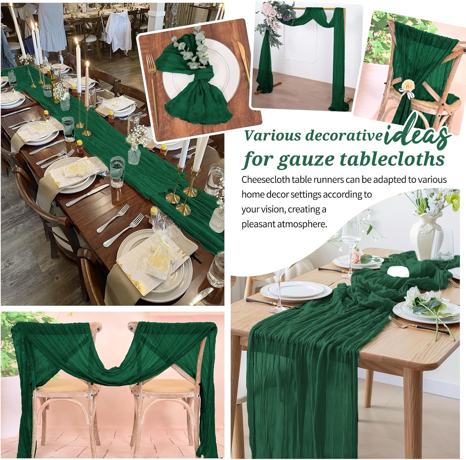 20 Pack Cheesecloth Table Runner Forest Green, Rustic Boho Gauze Fabric Table Runner Romantic Table Runner for Wedding, Festival, Birthday, Anniversary, Dinner and Outdoor Events (17.7 x 108 inch)
