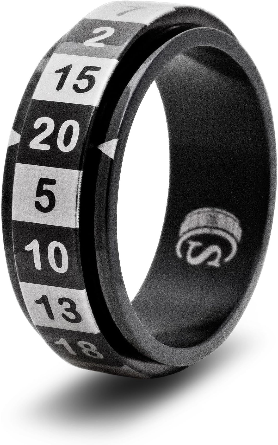 d20 Dice Ring with 20 Sided Die Spinner (Size 7 - Stainless Steel - Black)