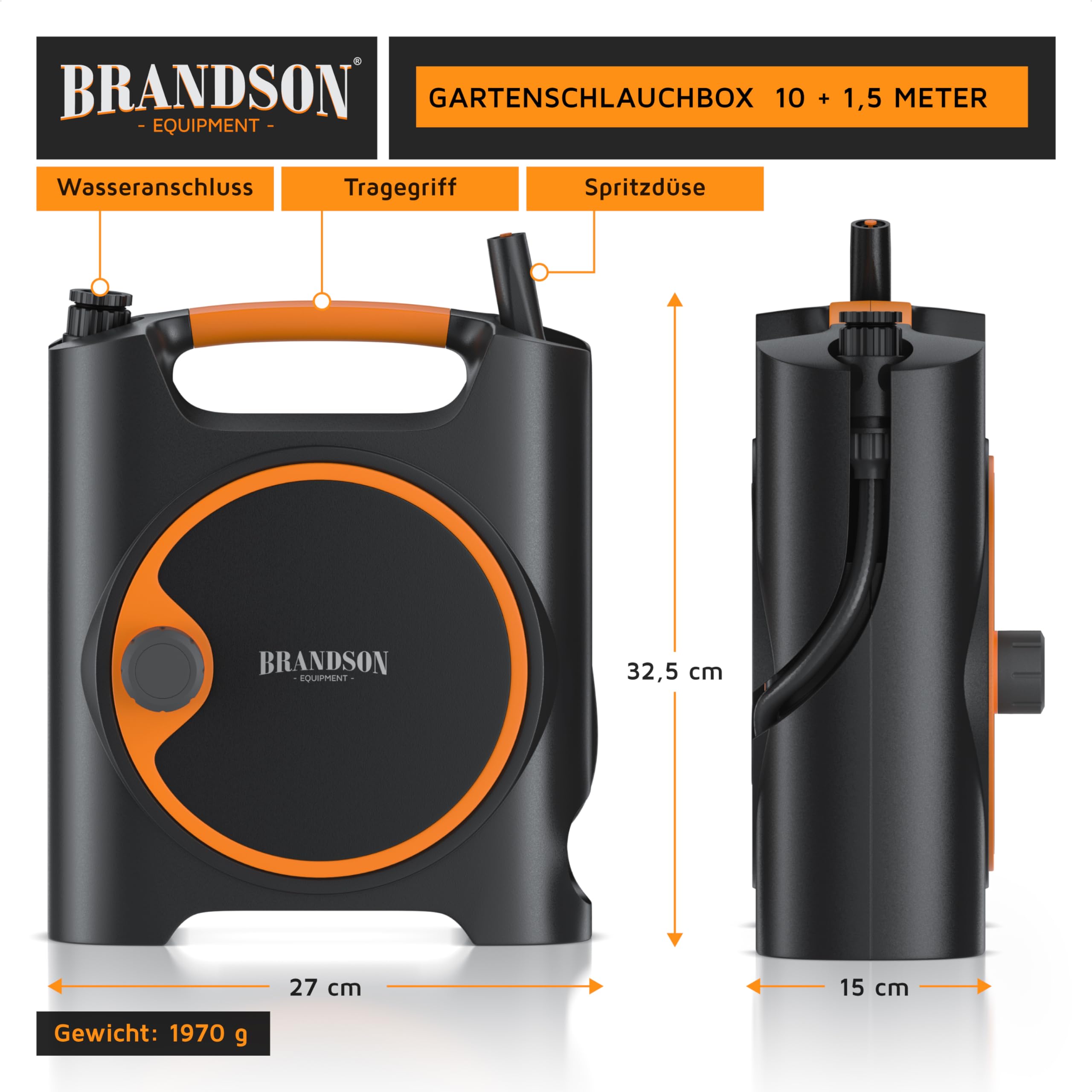 Brandson - Schlauchbox 10 + 1,5 m - Gartenschlauch Trommel 3/4 Zoll - Schlauchaufroller - 10 Meter Schlauch – 11 mm Schlauchdurchmesser – Schnellkupplung ½ Zoll – Schlauchtrommel für Garten Terrasse