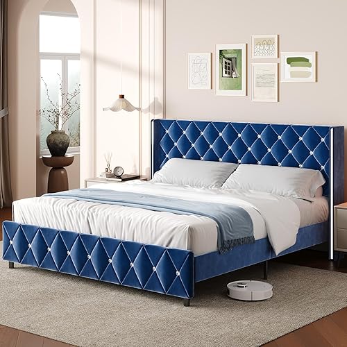 Miniatura 16 de Base de cama individual con cabecero, marco de cama individual con diseño capitonado de diamante, cama de plataforma tapizada con respaldo de alas,