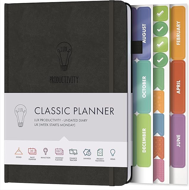Daily Planner & appointment diary - Gratitude journal, wellness journal & 2023 Undated weekly planners and organisers - Desk journals for women & men - LUX Productivity Classic (JET BLACK)