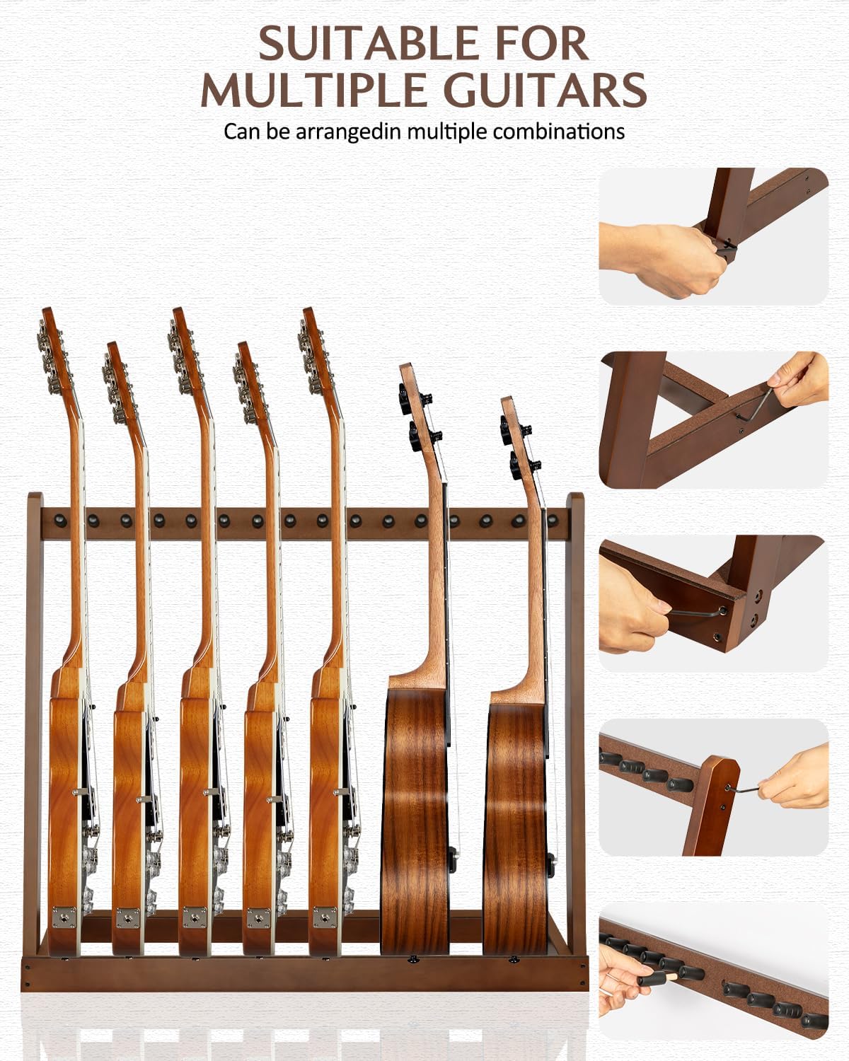 STRICH Wooden Guitar Stand Multiple Guitars, Guitar Rack for 3 Acoustic or 5 Electric Guitars & Basses, Floor Standing Multi Guitar Display for Studio & Home - Protective Padding, SMT-10 (5-Holder)