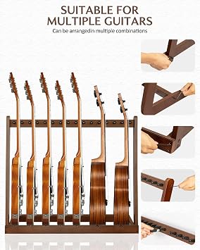 STRICH Wooden Guitar Stand Multiple Guitars, Guitar Rack for 3 Acoustic or 5 Electric Guitars & Basses, Floor Standing Multi Guitar Display for Studio & Home - Protective Padding, SMT-10 (5-Holder)