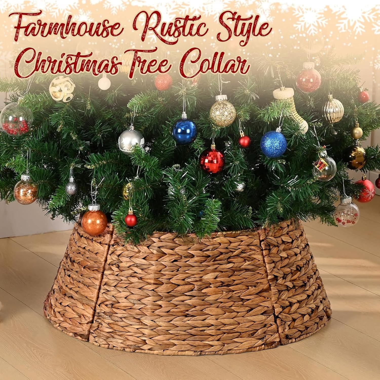 27in Christmas Tree Collar, Handcrafted Natural Woven Xmas Tree Skirt, Farmhouse Tree Base Cover for Artificial Christmas Tree Decoration(Chestnut Brown)