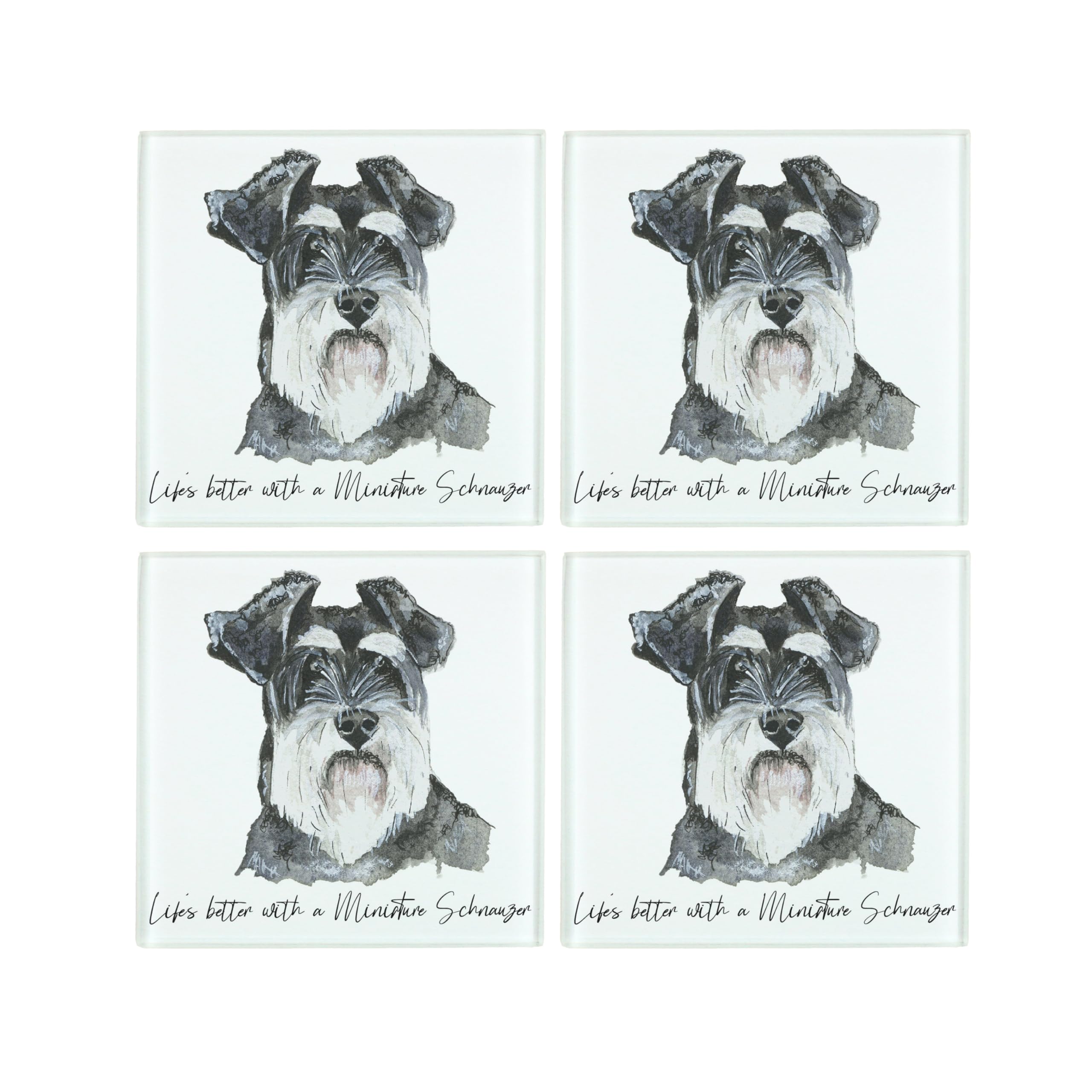 Miniature Schnauzer Coaster Set - Life's Better With a Dog Gift - Square Glass Set of Four (4) Coasters
