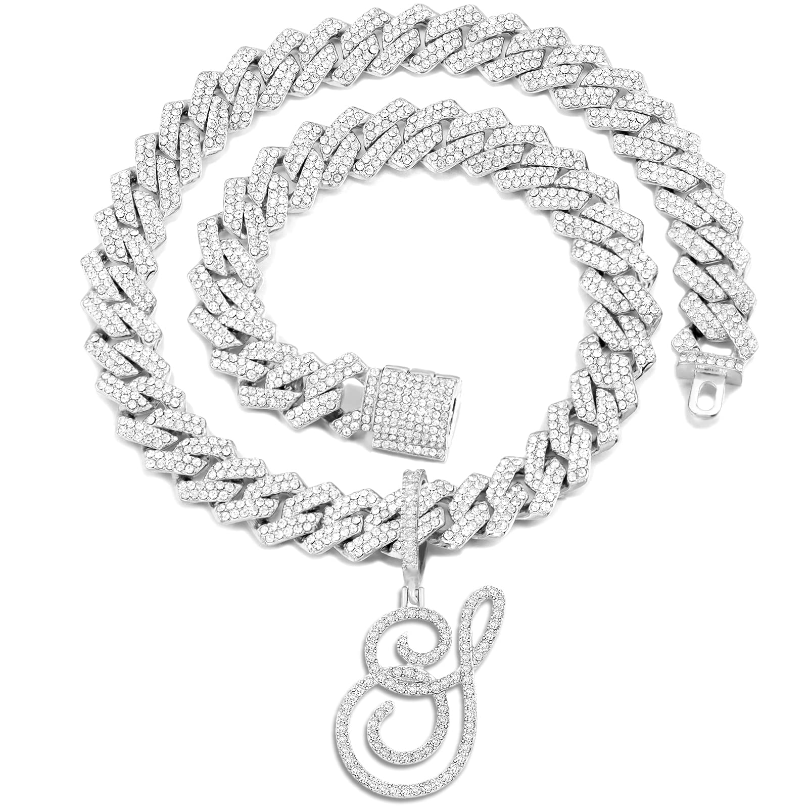 PTJDSMFGold Silver Plated Initial Cuban Link Chain Necklace for Women Cursive Letter Gold Miami cuban link chain Iced out chain with pendant for women