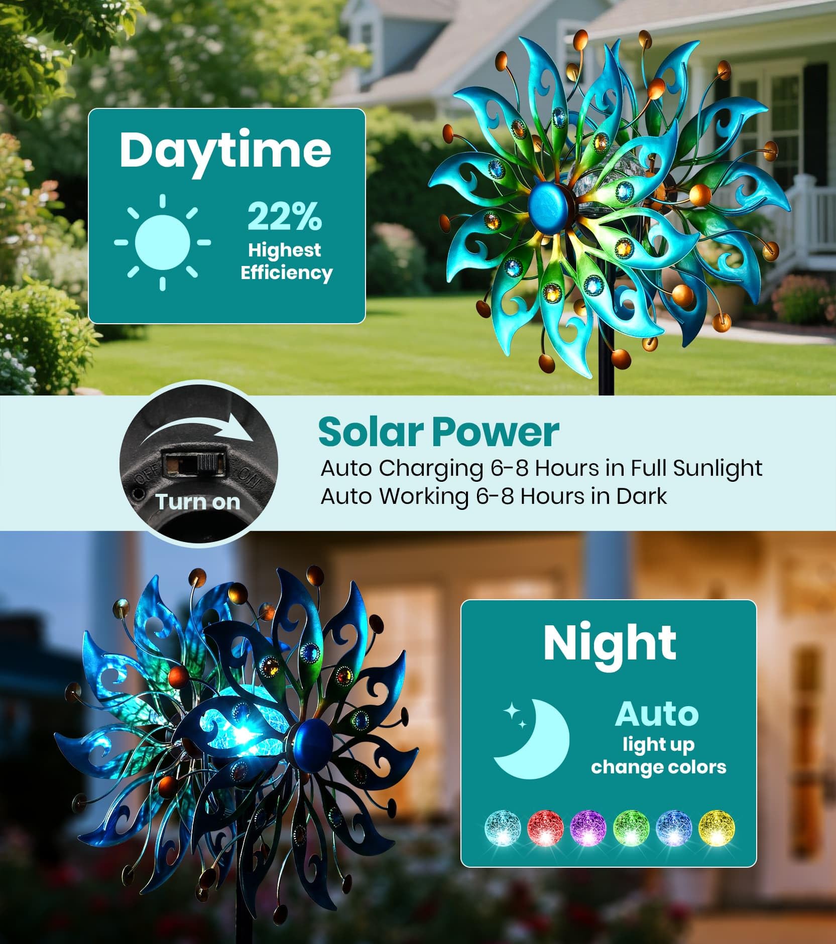 Solar Windspiel Outdoor - H63xB13 Metall Kinetic Garden Spinner mit Crackle Glass Ball & Integriertem Solarpanel - Pfau-Stil Hofwindskulptur mit LED-Licht
