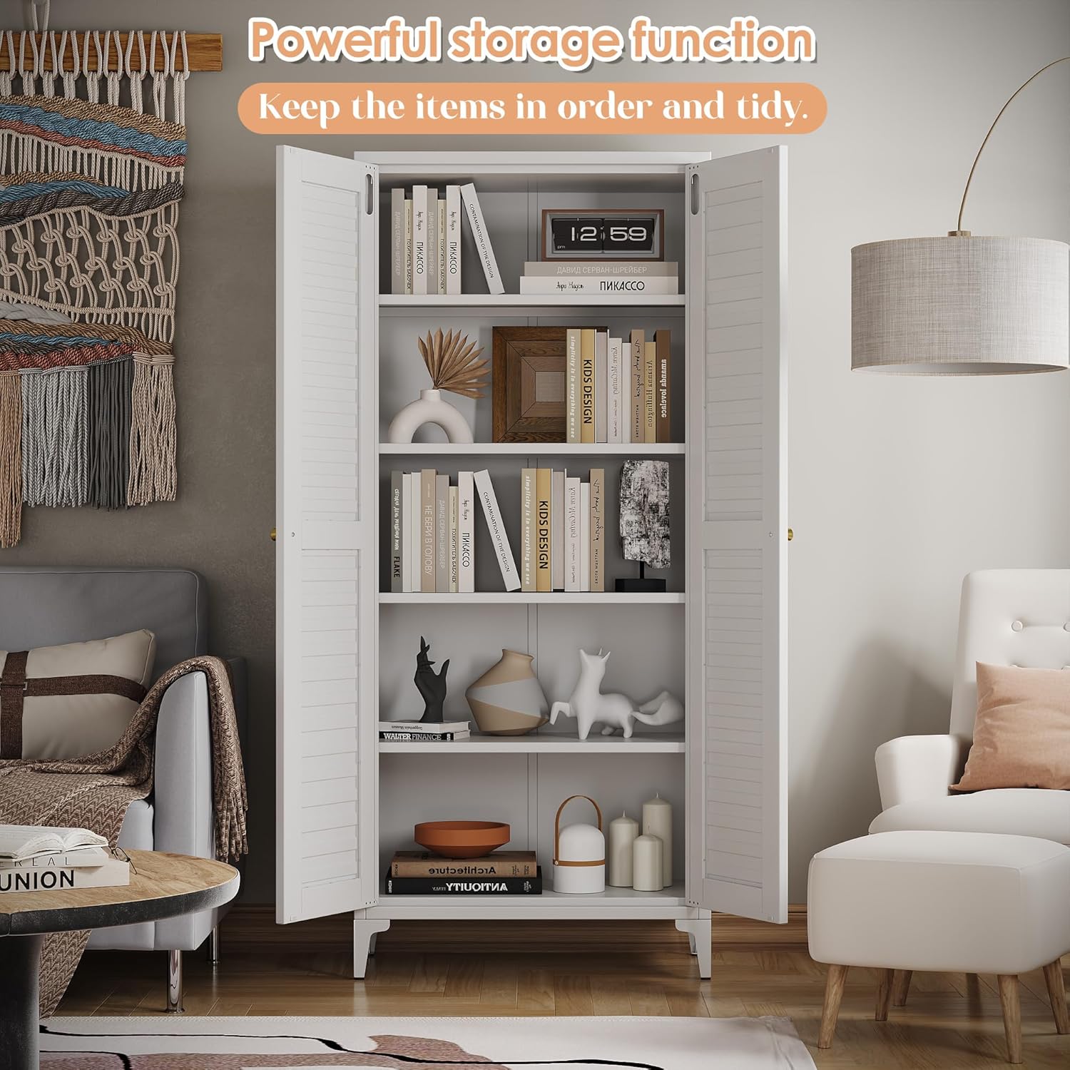 METAN Kitchen Pantry Storage Cabinet with 2 Doors,Metal Storage Cabinets with 4 Adjustable Shelves for Kitchen, Home,Assembly Required,White