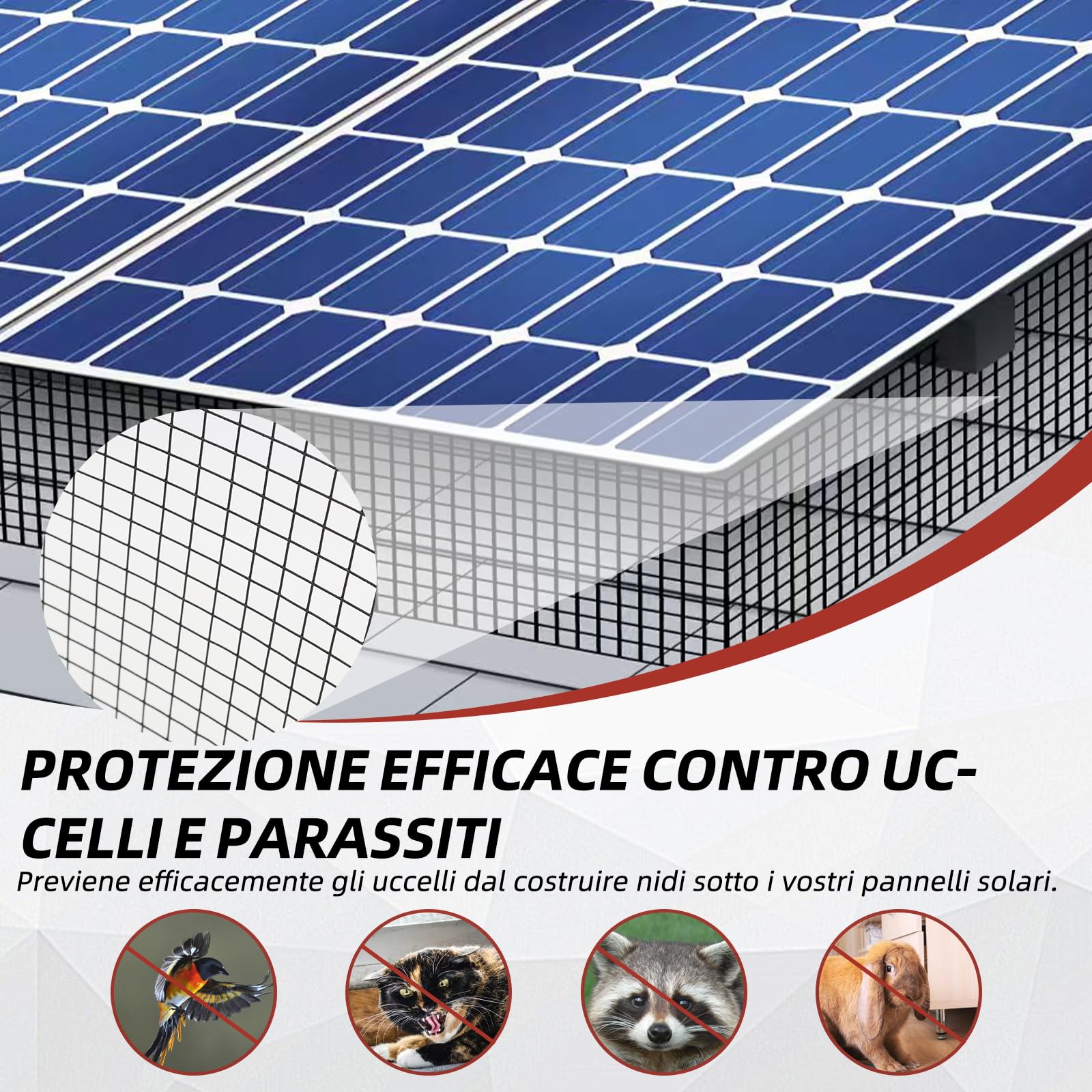 Rete di protezione dagli uccelli per pannelli solari, 30 m x 20 cm, rivestita in PVC, antiruggine, con 100 fascette stringicavo
