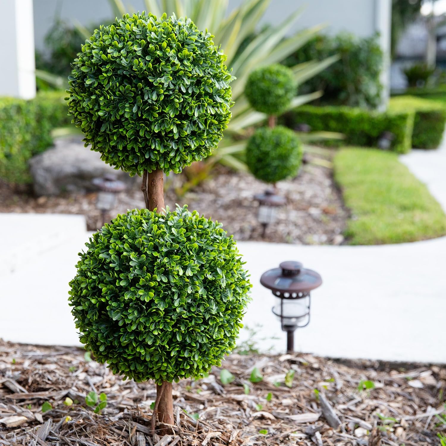 Nearly Natural 3ft UV-Resistant Artificial Double Ball Boxwood Topiary, Set of 2 with Integrated Ground Stake, Premium Fade-Proof Faux Greenery, Ideal for Indoor and Outdoor Decor, Easy Installation