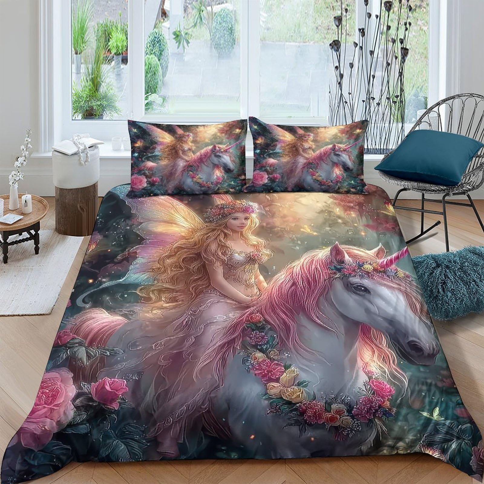 Ctjqhvkz Style-8 3D Printed Fantasy Fairy Unicorn Fitted Sheet Microfiber Anti-Slip Bed Cover Bedroom Decor Dustproof Washable Single（135X200cm）