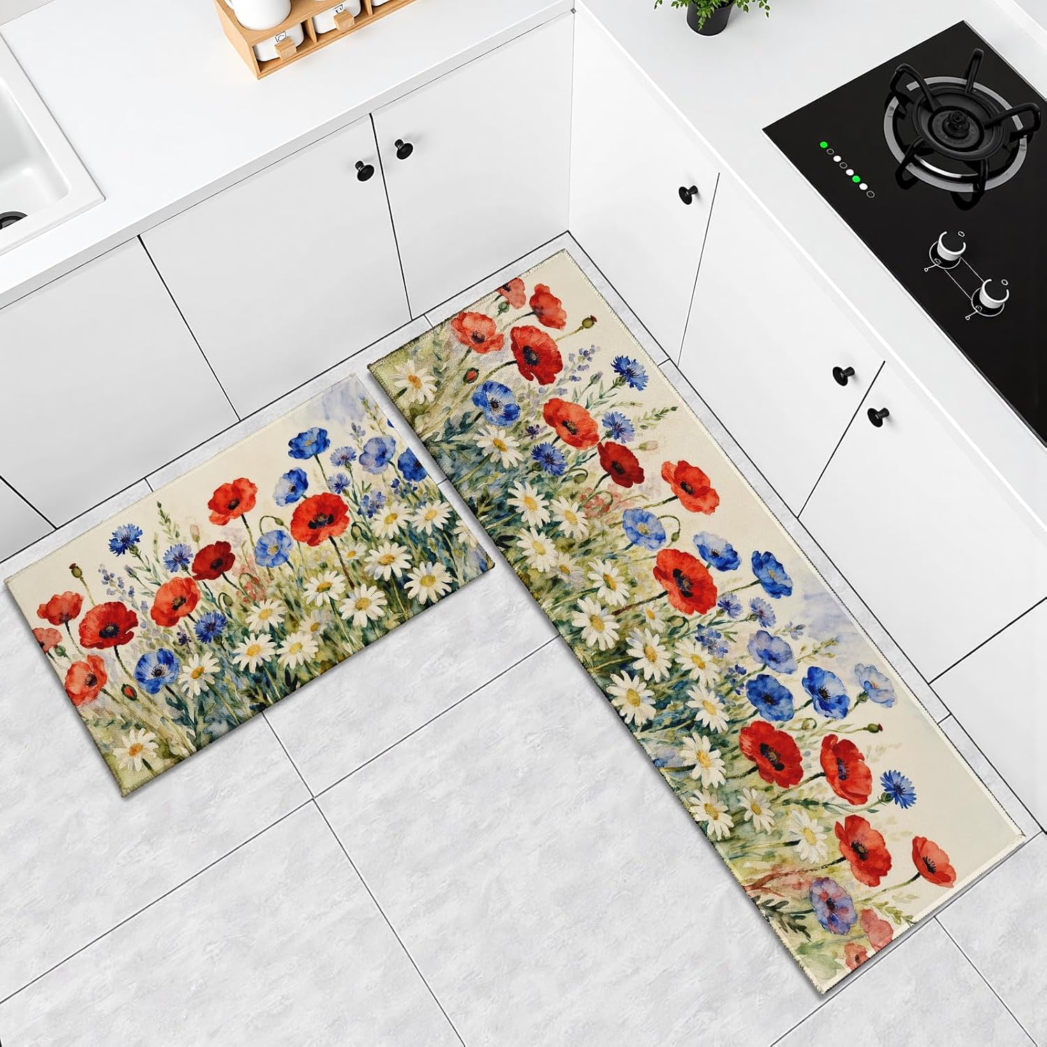 Patriotic 4th of July Kitchen Mats for Floor Set of 2, Blue Red White Floral Daisy Fourth July Memorial Day Kitchen Rugs,Non Slip Washable Low-Profile Absorbent Runner Rugs,17x30 and 17x47 Inch