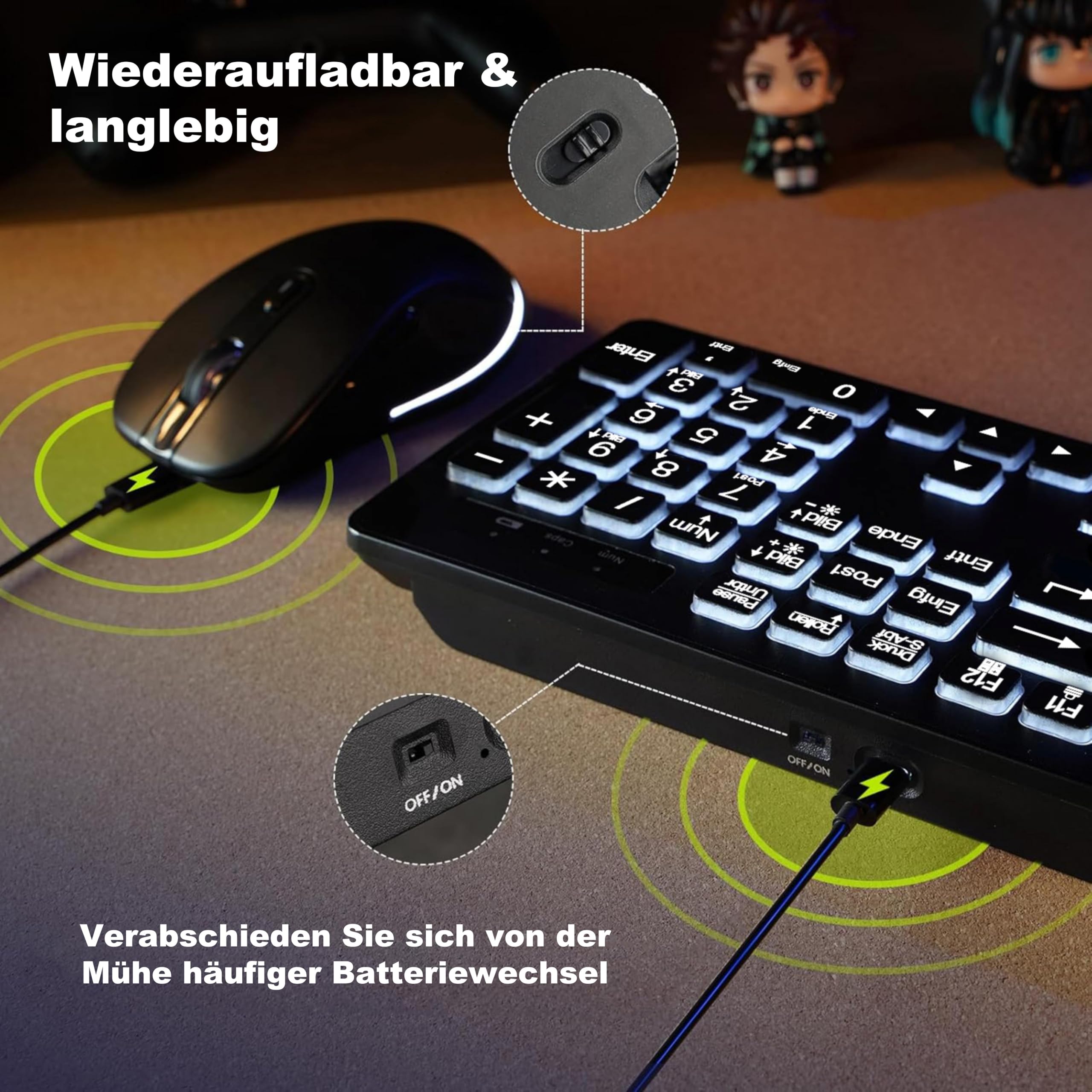 Großschrift Kabellose Computertastatur & Maus Set – DE Vollformat-Tastatur mit weißer Hintergrundbeleuchtung, 2,4-GHz, wiederaufladbar Tastatur & Maus für Büro, Homeoffice & Windows PC (QWERTZ)