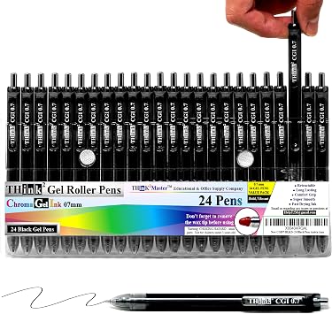 [24 Pens - Black Ink] Think2 0.7mm CGI Retractable Gel Pens. 24 Black Medium Point Rollerball Pens with Smooth Quick Drying Ink.