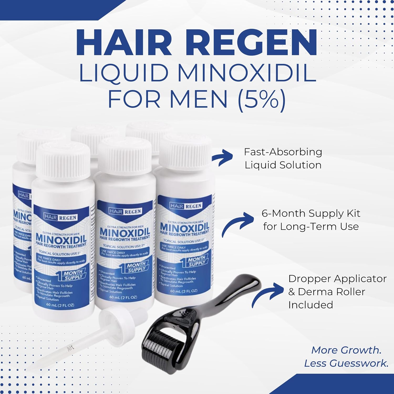 Hair Regen Liquid Minoxidil Men 5% With Hair Derma Roller for Scalp - Advanced Topical Solution for Regrowth - Men's Minoxidil for Growth of Men Hairs Loss 6 Pack as 6 Months Supply Kit