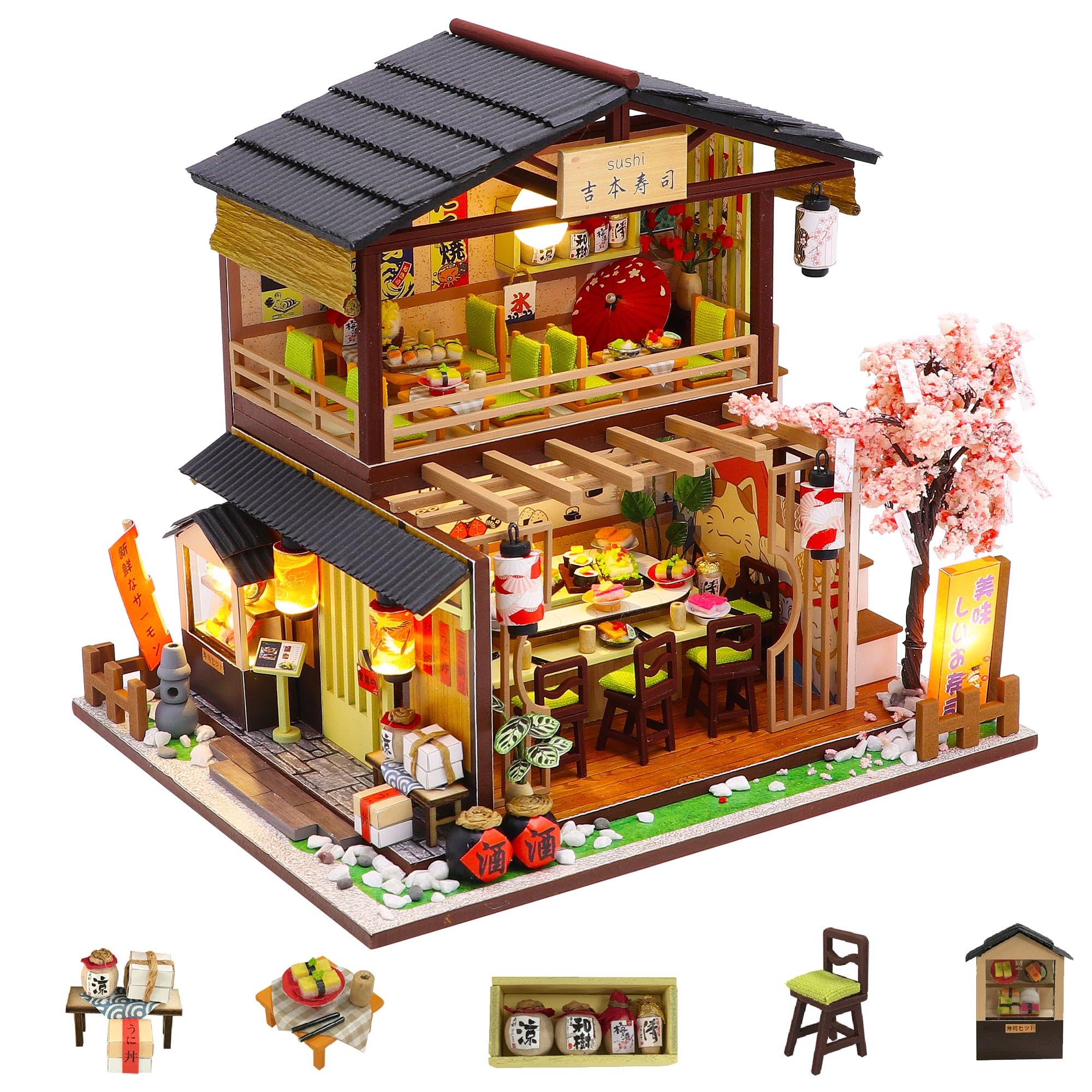 Flever Dollhouse Miniature DIY House Kit Creative Room with Furniture for Romantic Valentine's Gift (Gibon Sushi)