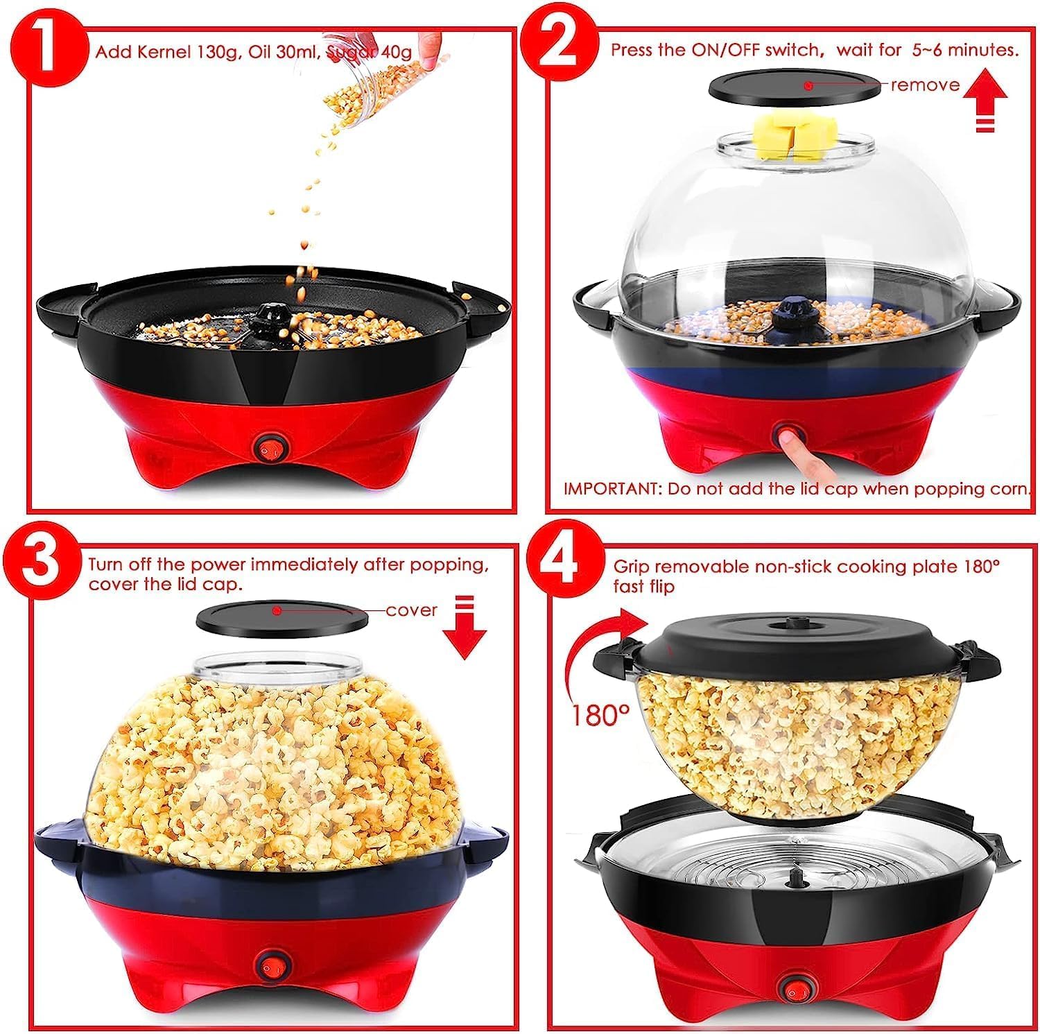 Yabano Popcornmaschine 5L für Zuhause, 800W Popcorn Maker mit Zucker & Öl, Abnehmbare Antihaft-Heizplatte, Automatischer Rührstab, Transparenter Deckel als Servierschüssel, Einfach zu Reinigen