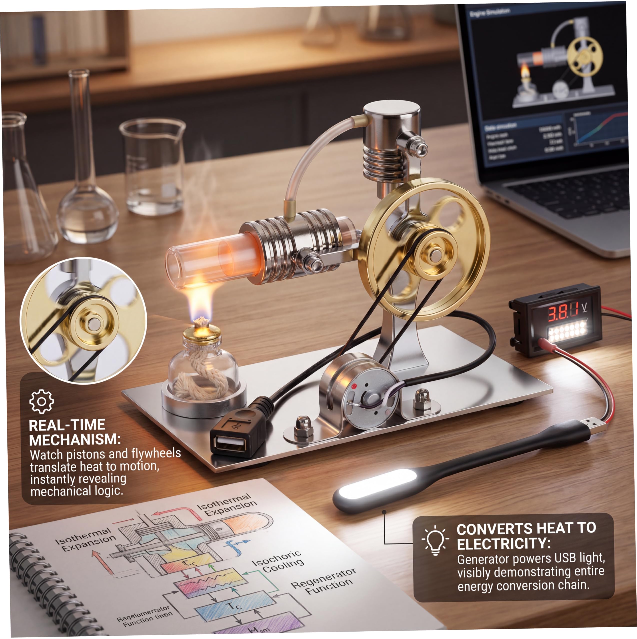 Motor Stirling, generador de motor Stirling en forma de L de metal, modelo de generador de energía con puerto USB y luz nocturna, experimento físico presente para entusiastas de la tecnología y niños