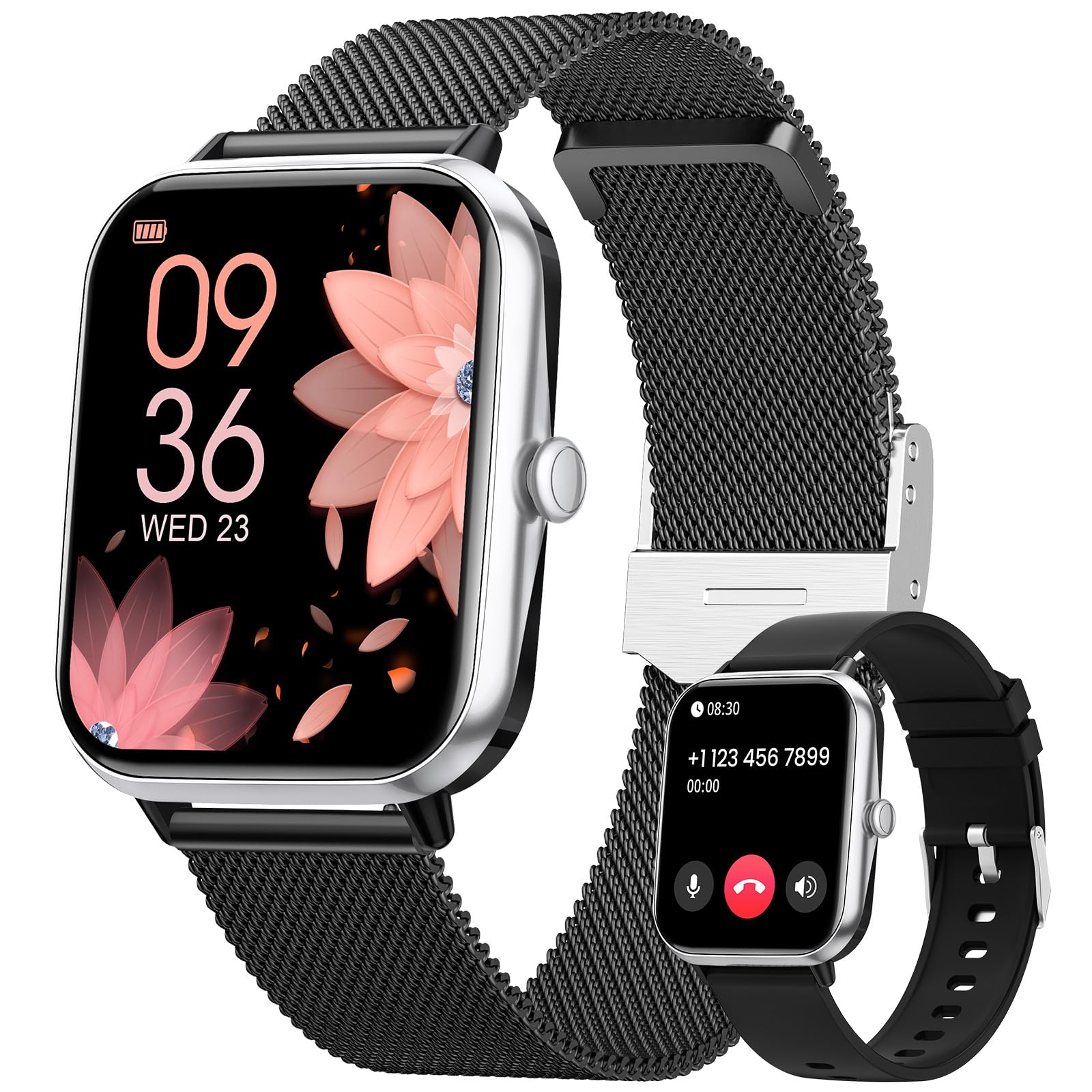 AIMIUVEI 2024 Smartwatch Donna Chiamate Bluetooth 5.3, 1.83" Orologio Smartwatch con 3 Cinturini, 24H Cardiofrequenzimetro Ciclo Mestruale SpO2 Sonno IP68 20+modalità Sport per iOS Android argentonero