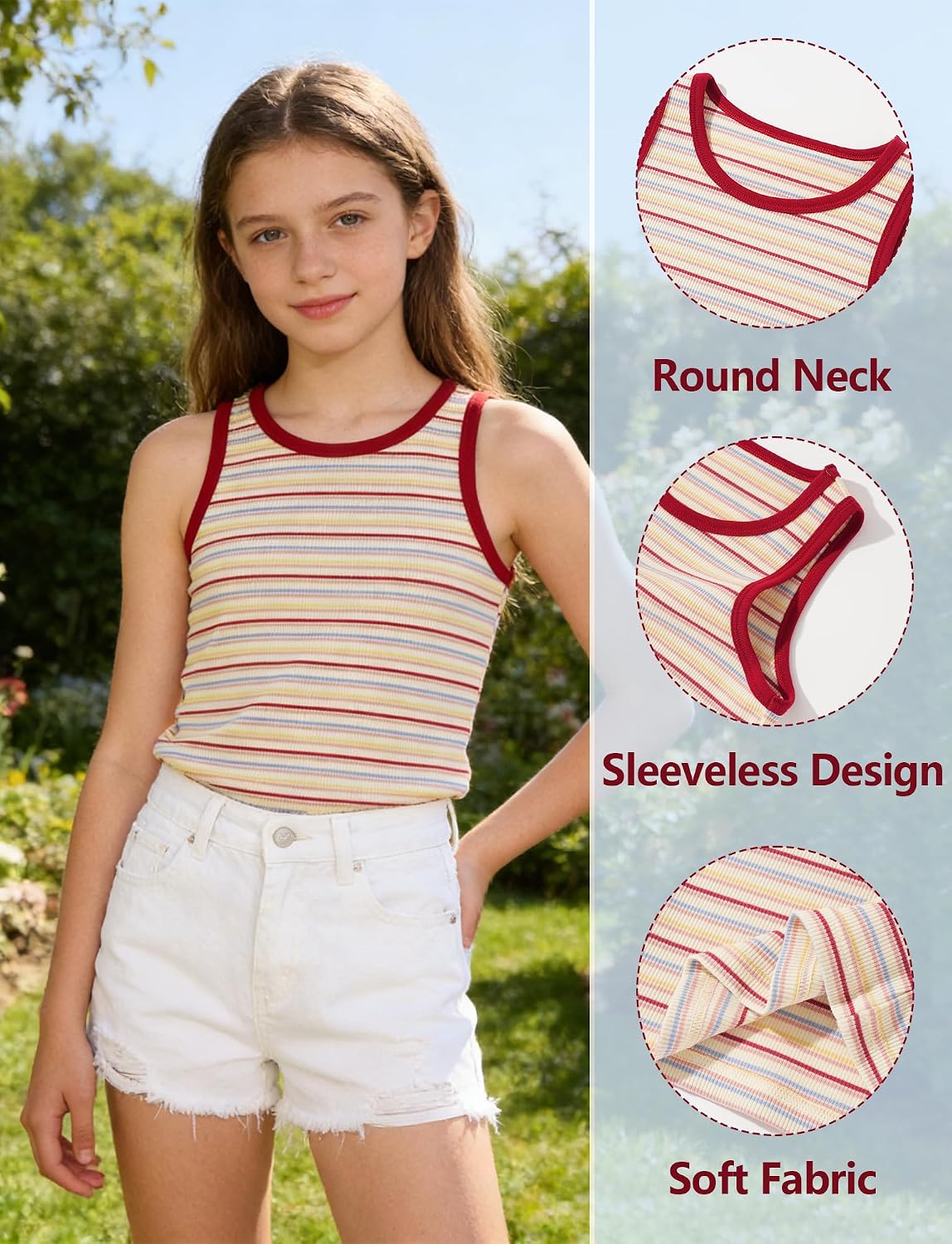 Happy Cherry Girl Striped Tank Tops Sleeveless Undershirt Casual Tee Shirt