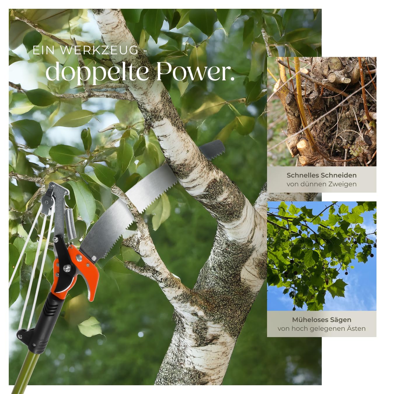 tectake® Astschere Teleskop mit Seilzug und Säge, Handsäge, max. Arbeitshöhe 4 Meter, Baumsäge, Baumschere Hochentaster, Gartenwerkzeug mit Teleskopstange mit Sägeblatt 161-258 cm ausziehbar