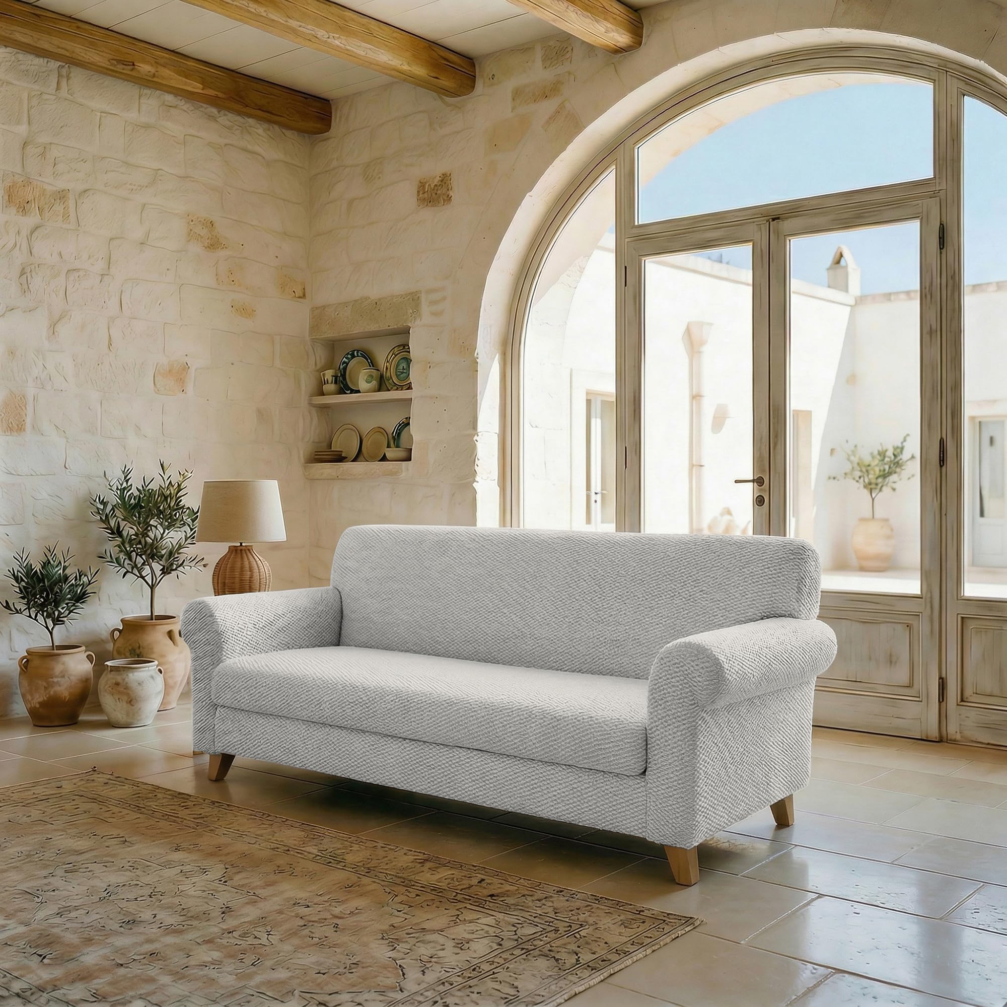 Italian Bed Linen FASHIONABLE Extendable Sofa Cover, Cream 3 Seater