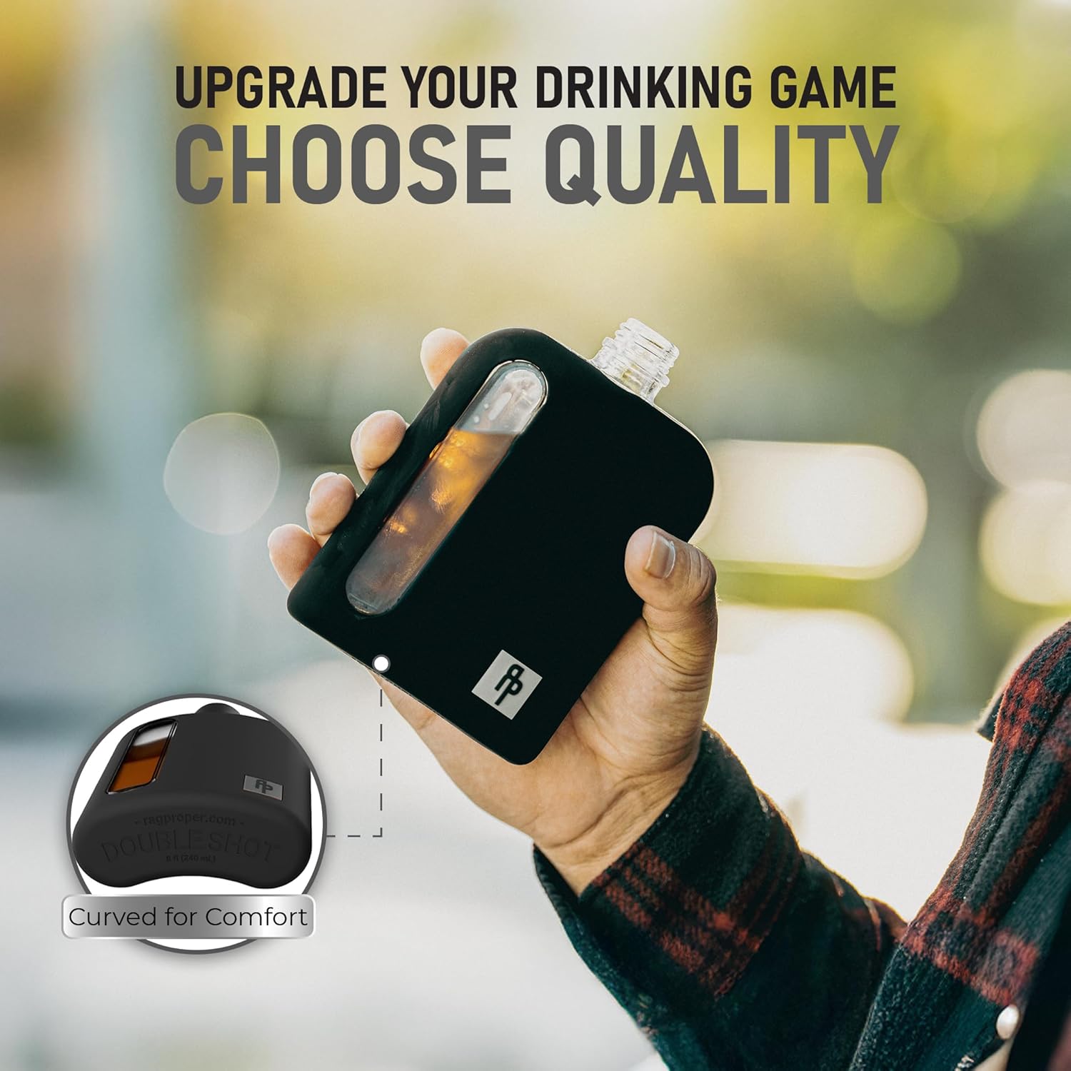 Ragproper Glass Hip Flask for Men – Modern Whiskey & Liquor Flask with Cork & Silicone Lid Liners, Durable Silicone Covered Double Shot Flask Bottle (8oz, 240ml, Black)