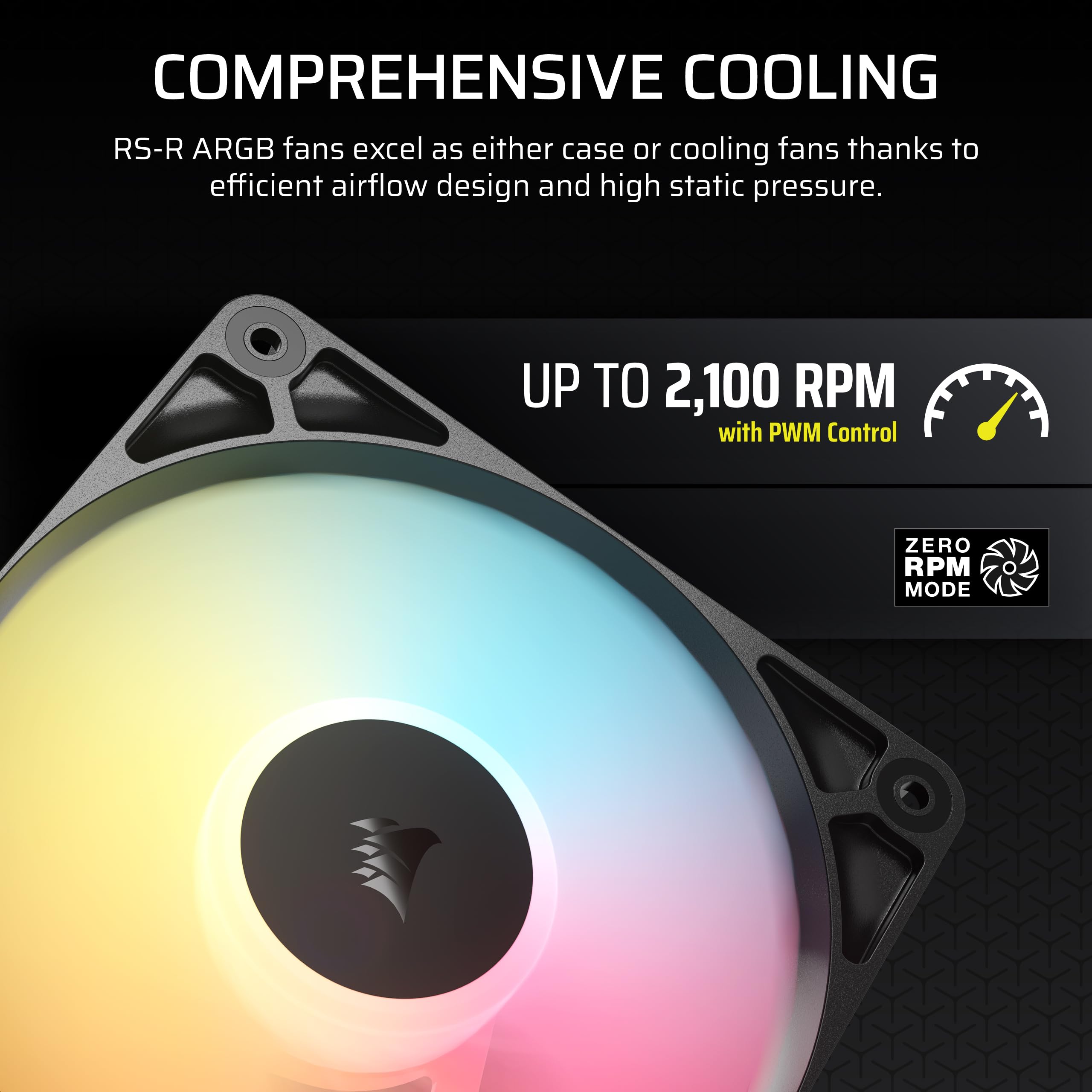 CORSAIR RS120-R ARGB 120 mm PWM Wentylatorów o Odwróconym Przepływie – Odwrócone Łopatki Wentylatora, 8 Diod LED RGB — Wysokie Ciśnienie Statyczne, Tryb Zero RPM – Zestaw Potrójny – Czarny